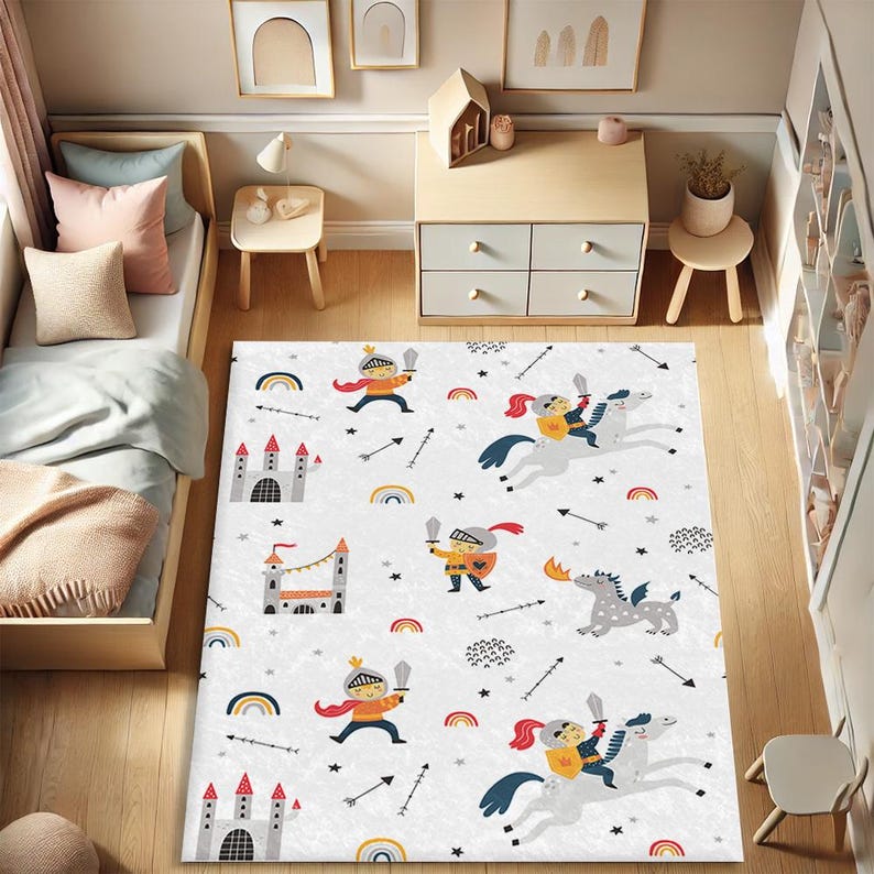 May include: A white rug with a repeating pattern of knights, castles, rainbows, and arrows. The knights are wearing red and yellow armor and riding horses. The castles are gray and have white flags. The rainbows are multi-colored and the arrows are black.