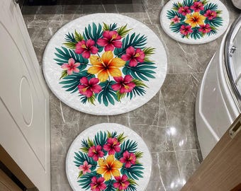 Tropical Hibiscus Floral Bathroom Rug Set: 3-Piece Round Bath Mat