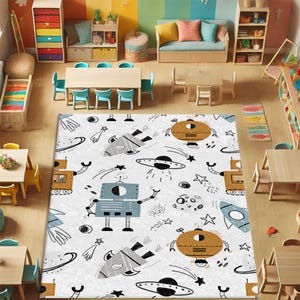 Robot Spacecraft Kids Rug: Children&#39;s Room Carpet