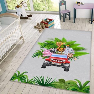 Safari rug, Animal Themed Kids Rug, Tropical Leaf Play Rug, Digital Printed Non-Slip Rug, Fun Safari Adventure, Kids Room Decoration