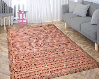 Red Ethnic Area Rug, Vintage Style Non Slip Carpet, Boho Living Room Rug, Oriental Floor Mat, Rustic Bedroom Decor Carpet