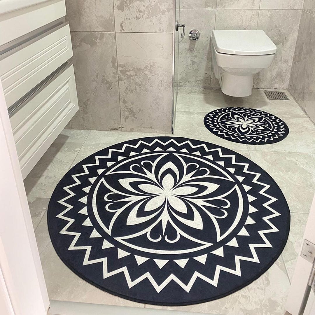 Boho Mandala Bathroom Rug Set: 3-piece Round Black and White Bath Mats ...
