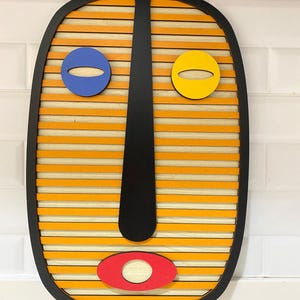 Colorful Abstract Wooden Face Mask: Modern Geometric Wall Art