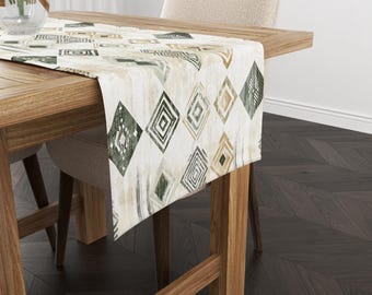 Bieżnik w stylu boho, neutralna, geometryczna dekoracja stołu, bieżnik do jadalni w stylu rustykalnym, rustykalna, nowoczesna pościel kuchenna, obrus w stylu plemiennym