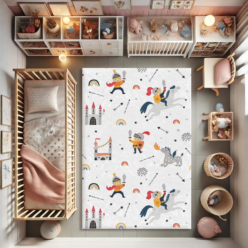 May include: A white play rug with a repeating pattern of knights, castles, rainbows, and stars. The rug is perfect for a child's playroom or bedroom.