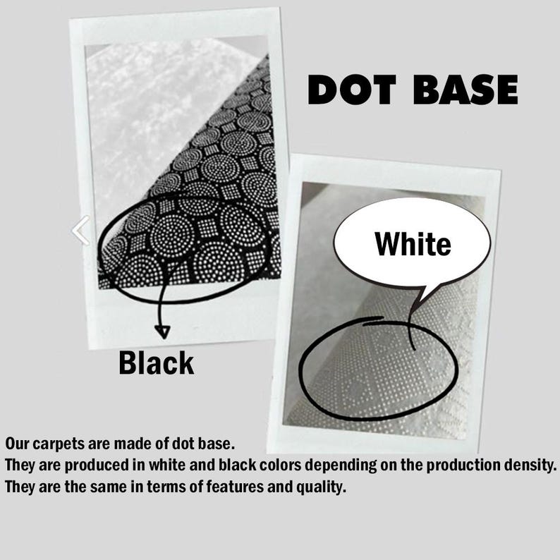 May include: Close-up of two carpet samples showing the dot base construction. The samples are in white and black. "DOT BASE" and "White" are written in black text on a white background. "Black" is written in white text on a black background. Our carpets are made of dot base. They are produced in white and black colors depending on the production density. They are the same in terms of features and quality.
