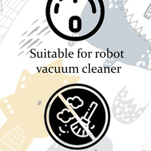 May include: Black and white illustration of a robot vacuum cleaner icon and a no lint or dust icon. The text "Suitable for robot vacuum cleaner" and "Does not produce lint or dust" is below each icon.