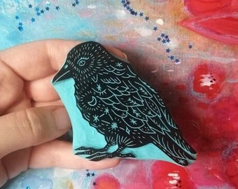 Raven Crow Halloween Bird Stamp Celestial Moon Stars Constellation Wild Forest Animal Handcarved Unmounted Penpal Friend Snail Mail Letter