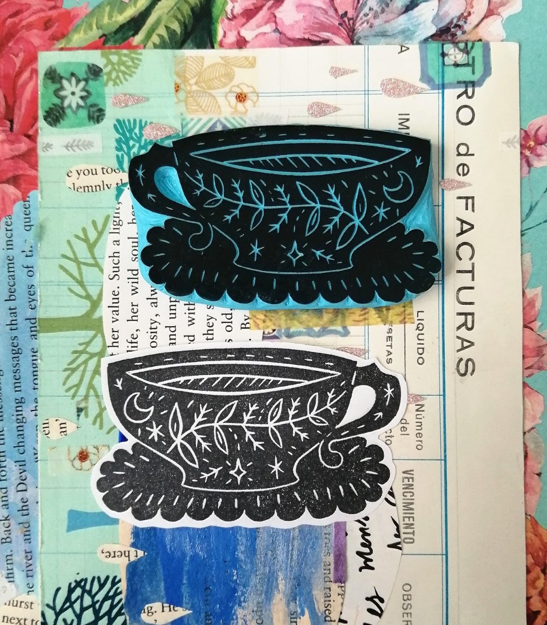 Moon Flower Tea Cup Unmounted Rubber Stamp Botanical Hand Etsy