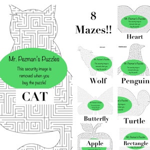 Puede incluir: Un conjunto de ocho laberintos en blanco y negro con diferentes formas de animales y objetos, incluyendo un gato, un lobo, un pingüino, una mariposa, una tortuga, una manzana y un rectángulo. Cada laberinto tiene una etiqueta verde con el texto "Mr. Pezman's Puzzles" y un mensaje que dice "¡Esta imagen de seguridad se elimina cuando compras el rompecabezas!"