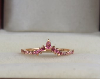 Pink Tourmaline Tiara Crown Wedding Band - Tourmaline Curved Wedding - Half Eternity Band - Curve Wedding Band - Gift for Her