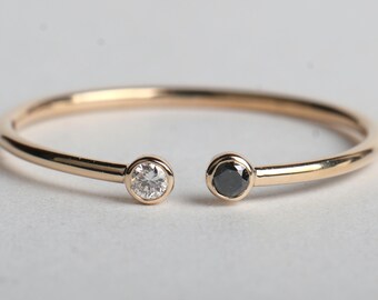 Dainty Black Diamond Solitaire Ring: Dual Stone Accent