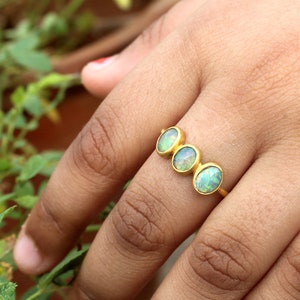 Three Stone Opal Rose Cut Solid Gold Ring: Handmade Jewelry