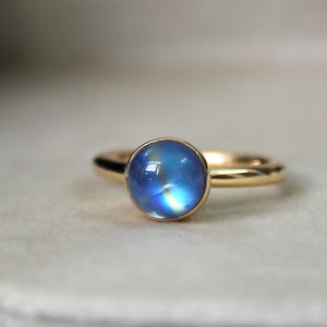 Rainbow Moonstone Gold Bezel Ring - 8mm Round Stone