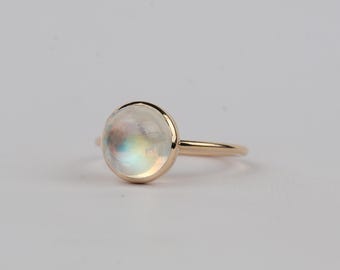 Natürlicher Regenbogen Mondstein Gold Lünette Ring - Versprechen Ring