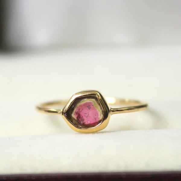 Natural Tourmaline both side flat Rough - Tourmaline Gold Ring - Watermelon Solid Gold Ring - Dainty Ring - Jewelry Birthstone Ring