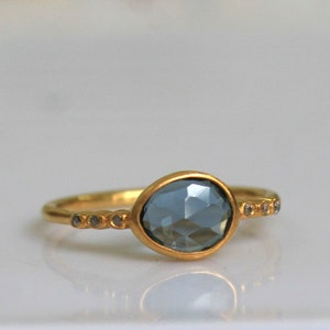 Solid Gold Ring - London Blue Topaz Ring - Gold Slice Topaz Ring - Handmade Gold Ring - Blue Topaz with Diamond ring