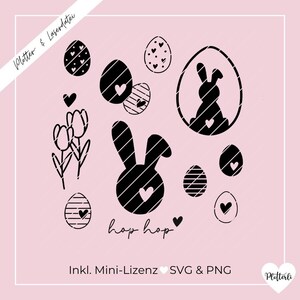 May include: Black and white Easter bunny silhouette with striped pattern and hearts.  Includes a set of Easter eggs with hearts and stripes, tulips, and the text "hop hop".