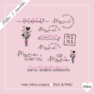 Könnte beinhalten: Ein Set mit neun digitalen Schnittdateien zum Basteln und Gestalten. Die Dateien zeigen verschiedene Designs mit dem Wort "Mama" in unterschiedlichen Stilen und Schriftarten, darunter Herzen, Blumen und ein Blumenstrauß. Der Text "Lievevoll, Grobartig, Wunderschön" ist ebenfalls enthalten.
