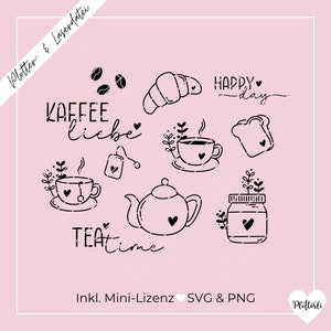 File plotter e laser Happy Day, caffè, tè, teiera, colazione, croissant, giorno preferito, licenza commerciale SVG PNG incl