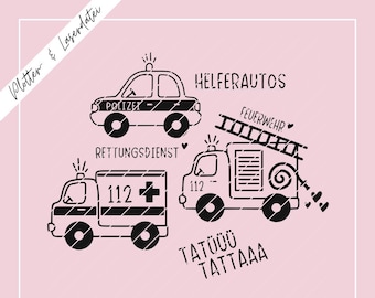 Plotter- & Laserdatei Helferautos, Polizei, Krankenwagen, Feuerwehr, SVG PNG inkl. Gewerbelizenz