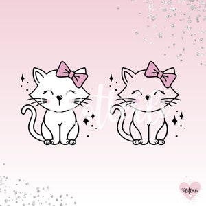 Könnte beinhalten: Zwei weiße Comic-Katzen mit rosa Schleifen und funkelnden Sternen um sie herum. Die Katzen sitzen und schauen nach rechts.