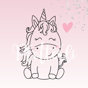 May include: A black and white line drawing of a cartoon unicorn sitting with its legs crossed. The unicorn has a pink heart above its head and a pink blush on its cheeks.