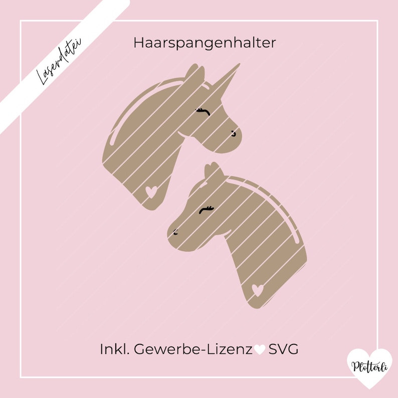 Lasercut, Lasergravur, Laser,  SVG, Geschenk, Geschenkidee, Holz, Deko, Anhänger, Pferd, Einhorn, Kinderzimmerdeko, Mädchen, Haarspangenhalter, 
Laservorlage, Geschenkverpackung, Deko, Kinderzimmer, Unicorn, Horse, Pferdemädchen