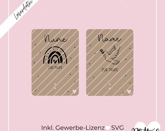 May include: Two brown card templates with a striped pattern. The left card has a rainbow with a heart in the centre and the text "Name zur Taufe". The right card has a dove with an olive branch in its beak and the text "Name zur Taufe".
