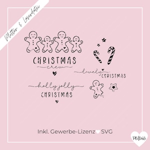 May include: Black and white digital design featuring gingerbread people, candy canes, stars, and the text "Christmas crew", "lovely Christmas", and "holly jolly Christmas".