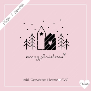 May include: A black and white Christmas-themed graphic on a pink background. The design features two stylized houses, pine trees, and falling snow. The words "merry christmas" are written in cursive. The image also includes the text "Plotter & Laserdatei".