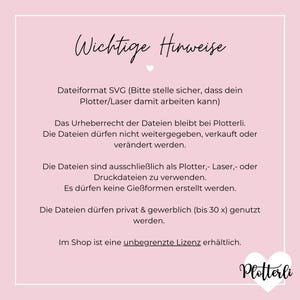May include: A pink background with white text outlining important information about using SVG files for plotters and lasers. The text includes information about copyright, usage rights, and the availability of an unlimited license. The text also includes the name "Plotterli" in a stylized font.