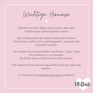 K&ouml;nnte beinhalten: Ein rosa Hintergrund mit wei&szlig;em Text, der wichtige Informationen zur Verwendung von SVG-Dateien f&uuml;r Plotter und Laser beschreibt. Der Text enth&auml;lt Informationen &uuml;ber Urheberrechte, Nutzungsrechte und die Verf&uuml;gbarkeit einer unbegrenzten Lizenz. Der Text enth&auml;lt auch den Namen "Plotterli" in einer stilisierten Schriftart.