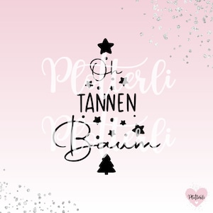 May include: Black and white graphic design with the text "Plotterli Tannen Baumli" in a stylized font. The design features a stylized Christmas tree with stars and a star at the top.
