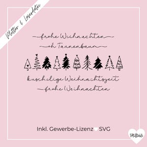 May include: A pink background with black text and illustrations. The text includes "frohe Weihnachten" and "oh Tannenbaum." Below the text are stylized Christmas tree illustrations. The bottom text reads "kuschelige Weihnachtszeit" and "frohe Weihnachten."
