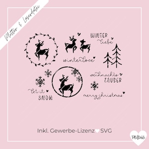 Könnte beinhalten: Schwarzweißes digitales Design mit einem Rentier, Schneeflocken und dem Text "let it snow", "winterlove", "winter liebe", "weihnachten zauber" und "merry christmas".