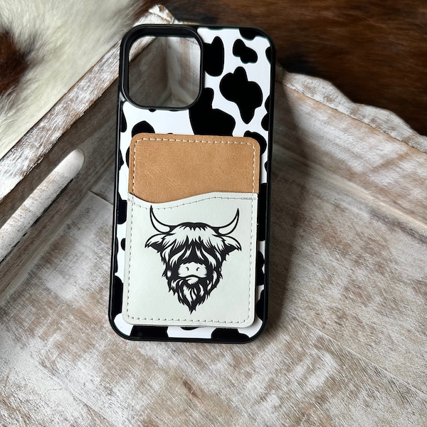 B&W highland cow wallet phone case for Samsung and iPhone