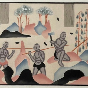 No. 3 Woodcutting - Genuine Vintage Chinese / Japanese Woodblock Print Cave Art