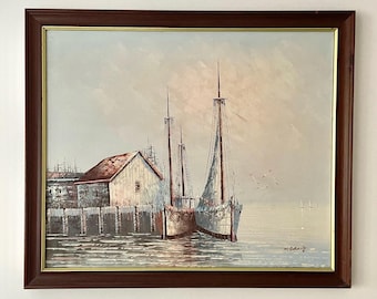 Original Vintage Seascape Oil Painting of Moored / Docked Fishing Boats Signed by M. Danny - Harbour Sailing Vessel Scene Mid Century Art
