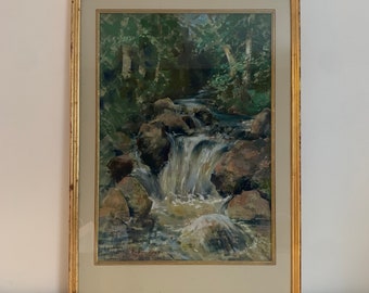 Original Impressionist Pastel Drawing / Painting of a Small River Waterfall in a Woodland Signed & Framed Genuine Artwork