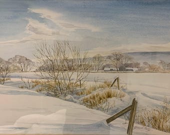 1980&#39;s Original Watercolour Painting of a Winter Landscape - by Lynne R. Moore - English Countryside Snowy Snow Christmas Framed Artwork