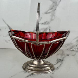 Vintage Silber Platte Bonbon-Korb w / Cranberry Ruby Glas Liner Zuckerdose Teller