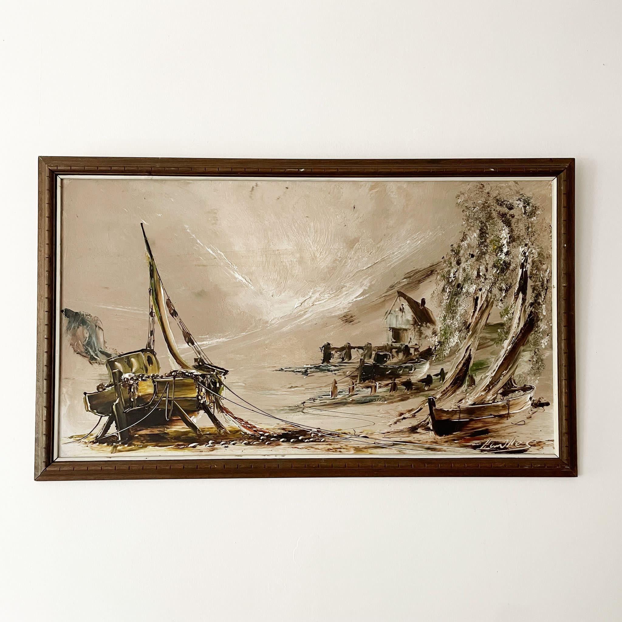 Original Vintage Seascape Oil Painting of Boats Run Aground by Bill Hawkes - Atmospheric Dark Sea Beach Scene Art Artwork