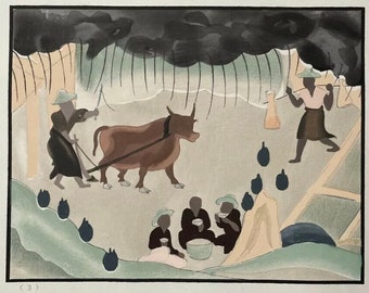 No 3 Farmers at Work in the Rain - Original Antique Chinese Woodblock Print Bull
