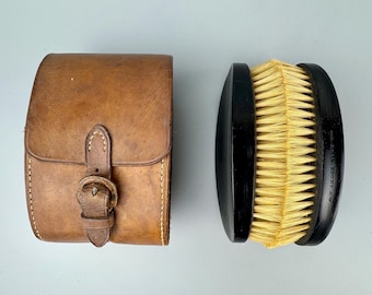 Vintage Real Ebony Shoe Brush Set with Original Buckle Leather Case