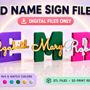 May include: Digital 3D name sign files for 3D printing. The image displays three large block letters E, M, and R in purple, green, and pink, each featuring a cursive name overlay in gold or white. Text includes 3D NAME SIGN FILES and DIGITAL FILES ONLY.