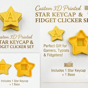May include: A yellow 3D printed star-shaped keycap and fidget clicker base set. The keycap features a raised letter A on the front. The set includes one star keycap and one base, with text reading Custom 3D Printed STAR KEYCAP & FIDGET CLICKER SET.