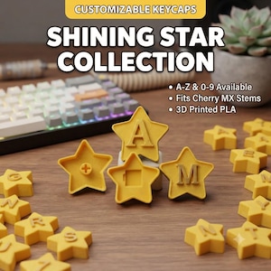 May include: Yellow star-shaped keycaps from the Shining Star Collection. These 3D printed PLA keycaps feature letters A-Z and numbers 0-9, designed to fit Cherry MX stems. The set includes various individual star keycaps with embossed characters.