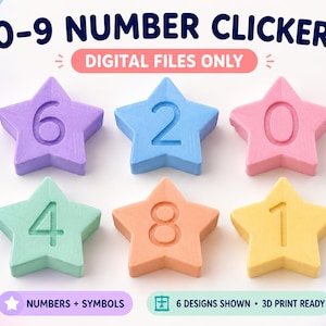 May include: Six star-shaped number clickers in pastel colors, each featuring a raised digit. The text reads 0-9 NUMBER CLICKERS, DIGITAL FILES ONLY, NUMBERS + SYMBOLS, and 6 DESIGNS SHOWN - 3D PRINT READY. The numbers displayed are 6, 2, 0, 4, 8, and 1.