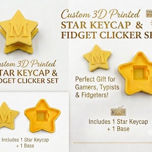 May include: A yellow 3D printed star-shaped keycap and fidget clicker set. The keycap features the letter M embossed on the front. The set includes one star keycap and one base component. Text on the image reads Custom 3D Printed STAR KEYCAP & FIDGET CLICKER SET.